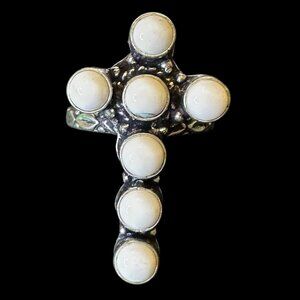 Genuine White Coral Cluster Cross Sterling Silver Overlay Ring Size 9